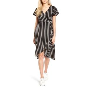 Black, White, & Cream Striped Midi Wrap Dress